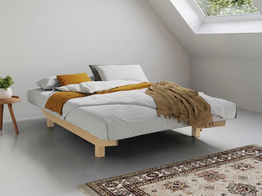 untreated wooden platform bed frame space saver design without headboard
