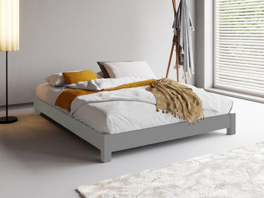 grey wooden low platform bed