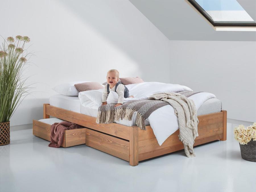 wooden platform storage bed in cinnamon