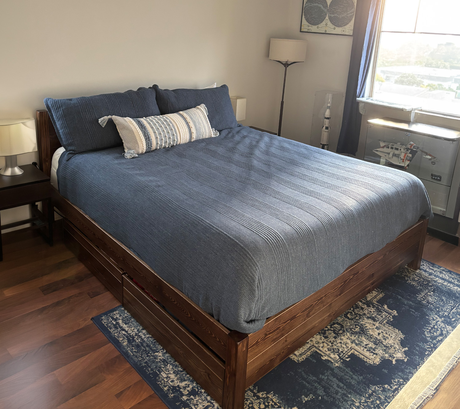 Blue and gray bedroom wooden bed frame