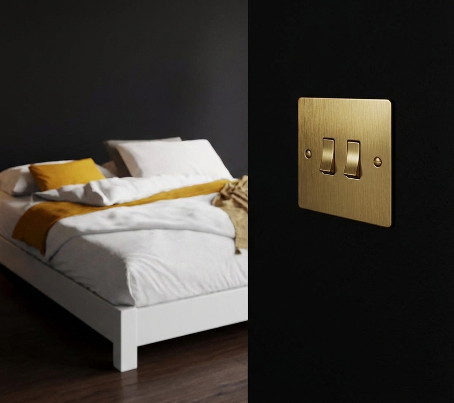 Gold hardware in a black and gold bedroom design